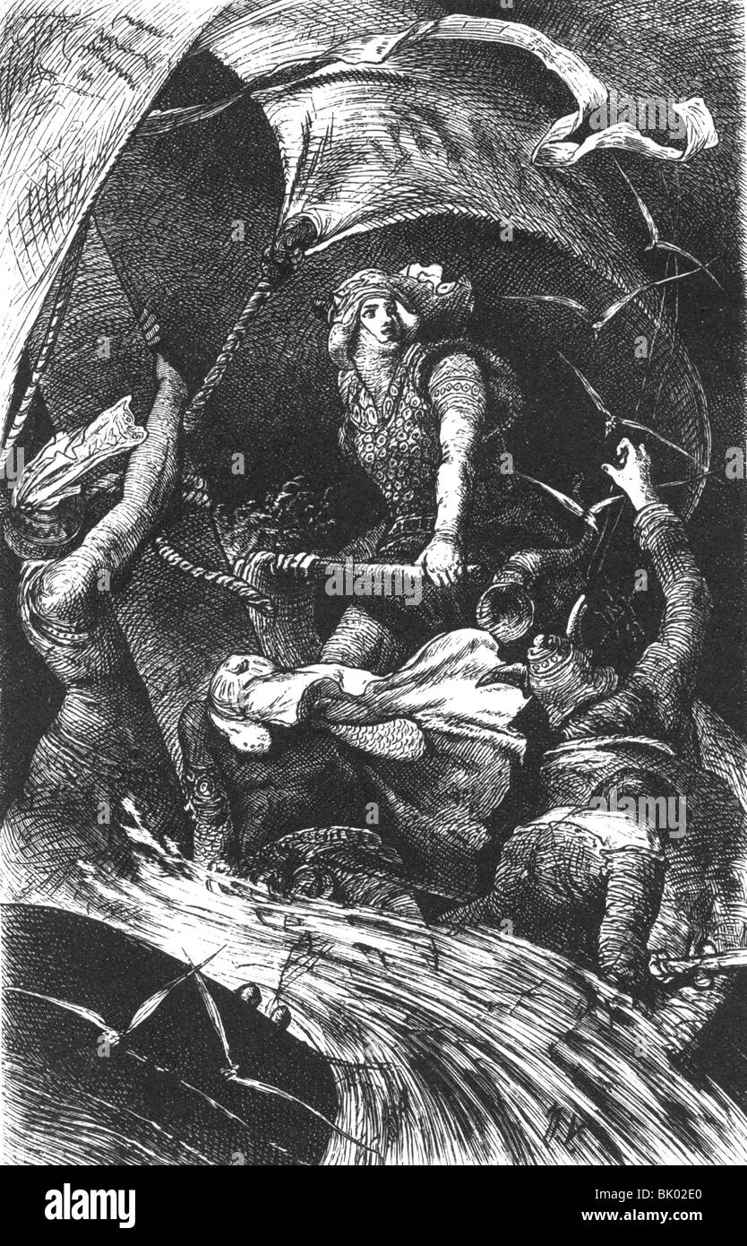 literature, legends, The Nibelung legend, Siegfried's death, Siegfried travelling to Isenland, wood engraving, 19th century, historic, historical, Nibelungen, Nibelungs, Germanic, Teuton, the Germanic people, Teutons, hero, heroes, murderer, myth, mythology, travel, ride, warrior, storm, shop, Stock Photo