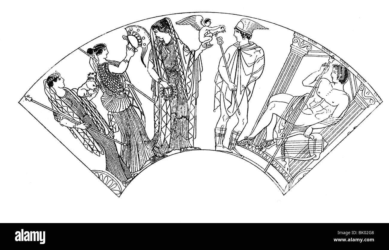 literature, mythology, Greek legends, verdict of Paris, drawing after ancient bowl, Stock Photo