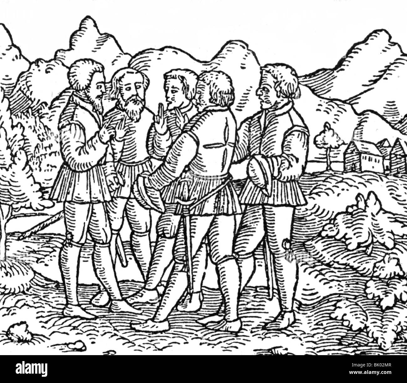 geography / travel, Switzerland, Ruetlischwur 1291, woodcut to the Uri Game 'Von dem frommen und ersten Eydgenossen Wilhelm Thellen', played by Zurich citizenry, 1.1.1545, Stock Photo