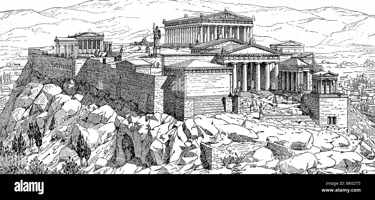 geography / travel, Greece, Athens, acropolis, 4th century BC, reconstruction, middle of 19th