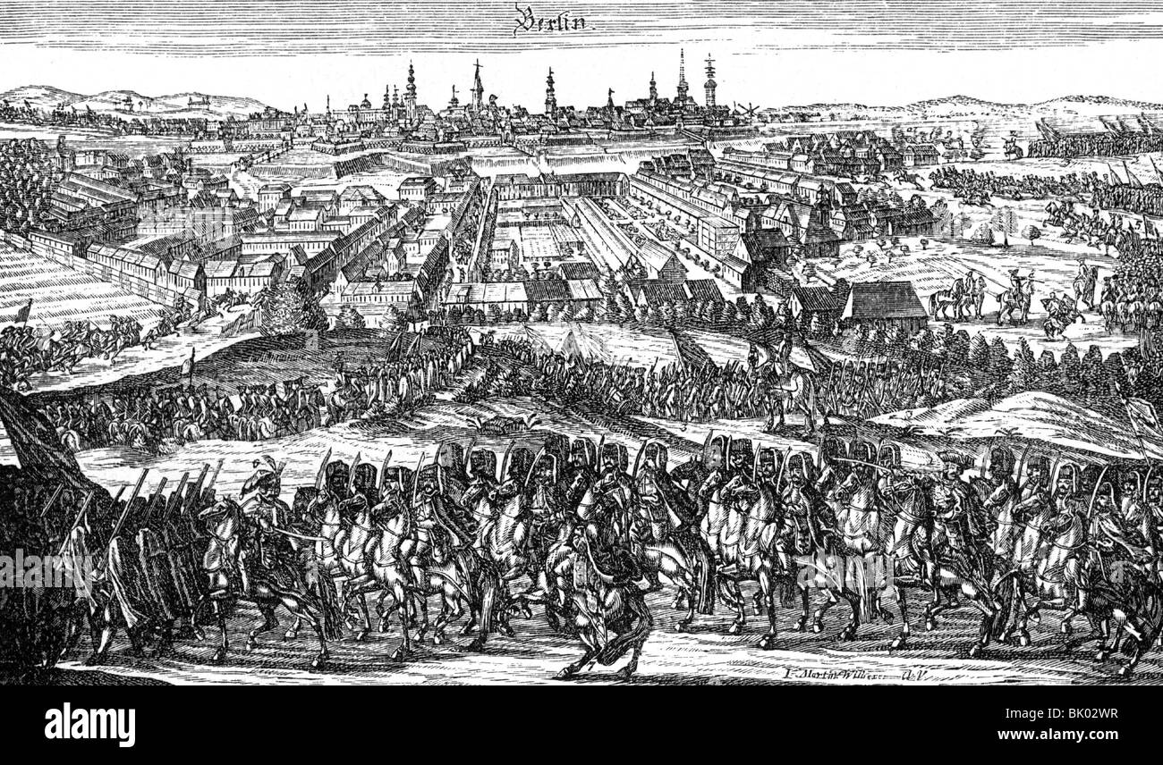 Seven Years War 1756 - 1763, seizure of Berlin by Imperial Forces, 16.10.1757, contemporary copper engraving by Johann Martin Will, General Andreas Hadik, Austrians, Hungarians, hussars, cavalry, Brandenburg, Austria, Prussia, Third Silesian War, soldiers, raid, Germany, 18th century, historic, historical, people, Stock Photo