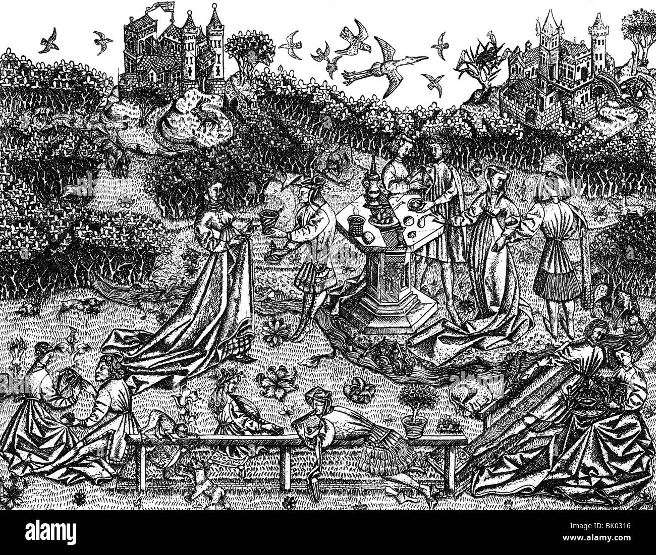 life in the Middle Ages, people, 'The Big Garden of Love', copper engraving, Lower Rhine area, late 14th century, Berlin, royal collection of prints, Stock Photo