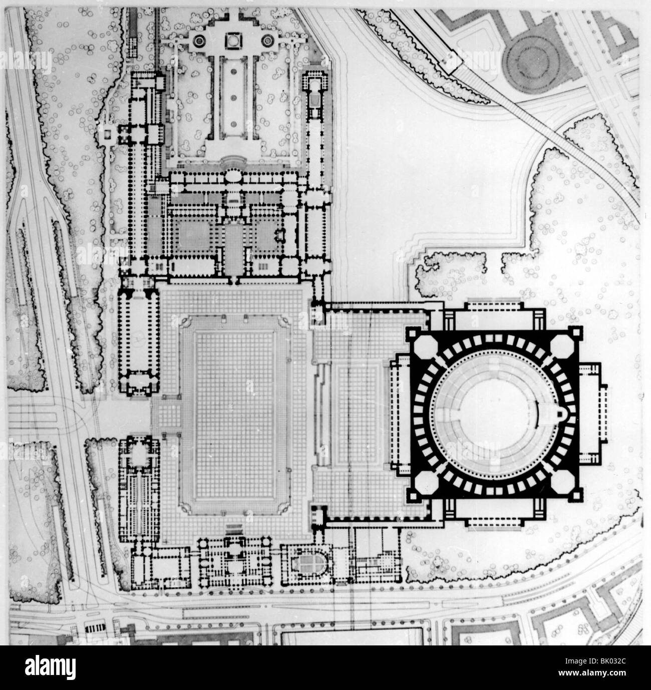 Nazism / National Socialism, architecture, capital of the German Reich "Germania" (former Berlin), ground plan of "Great Hall" and "Fuehrer Palace", draft by Albert Speer, late 1930s, Stock Photo