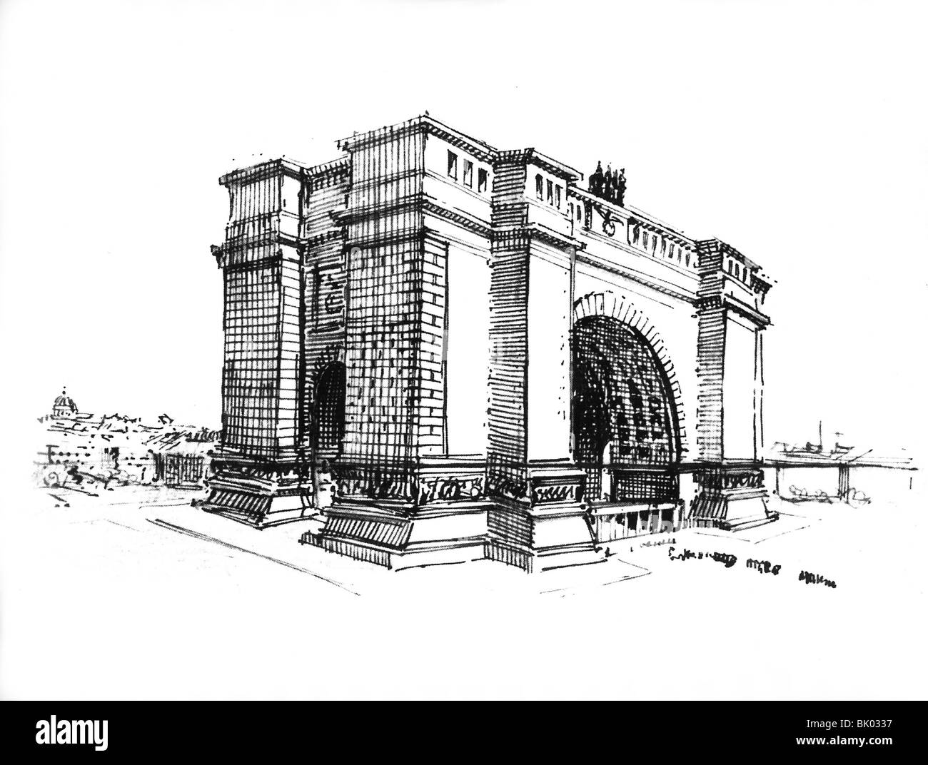 Nazism / National Socialism, architecture, capital of the German Reich, "Germania" (former Berlin), triumphal arch, drawing, draft by Albert Speer, late 1930s, Stock Photo