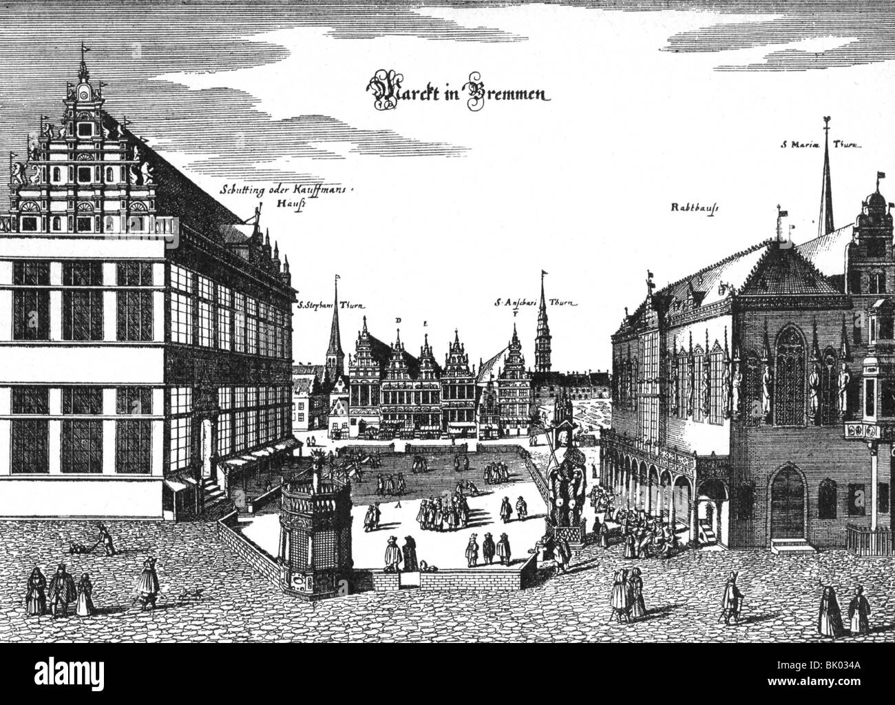 geography / travel, Germany, Bremen, market with pillory and Roland statue column, townhall and Schuttinghaus (merchant house), copper engraving by Mattaeus Merian, 17th century, historic, historical, Central Europe, pillories, Hanseatic town, Hanse town, Hansa town, Hanseatic towns, Hanse towns, Hansa towns, Imperial City since 1646, Stock Photo