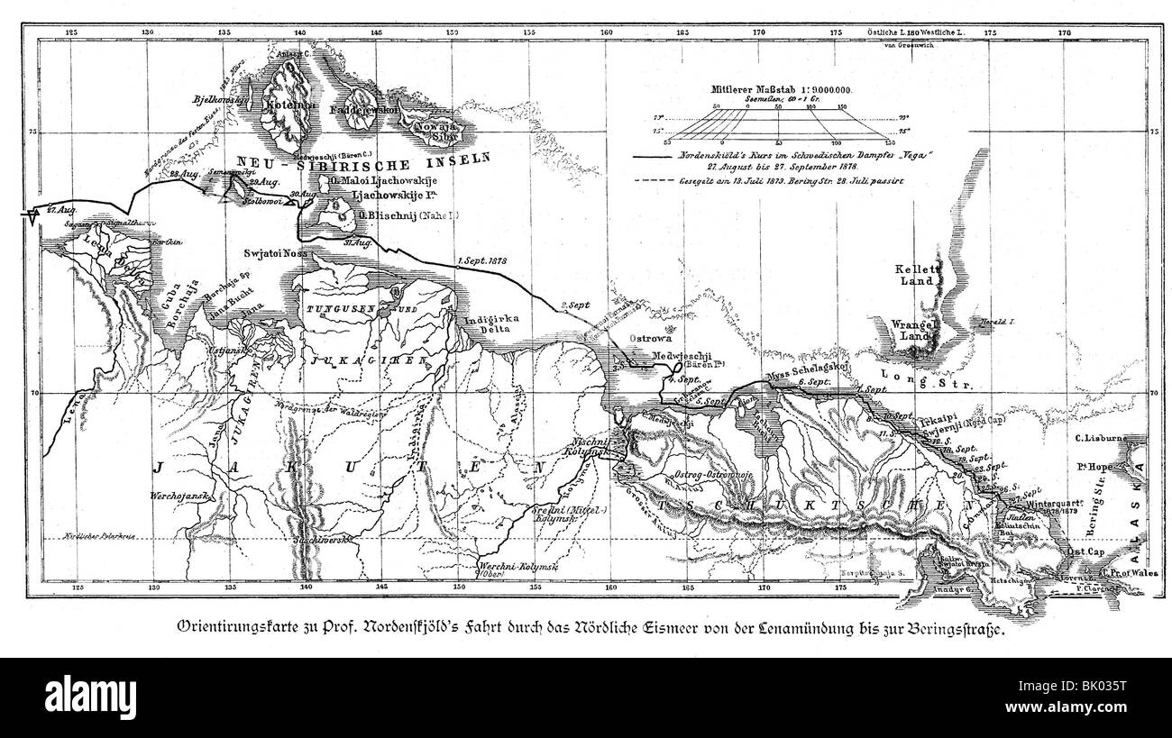 Nordenskiöld, Adolf Erik, 18.11.1832 - 12.8.1901, Finnish arctic explorer, finding the Northeast Passage, route map to the Bering Strait, 1879, Stock Photo