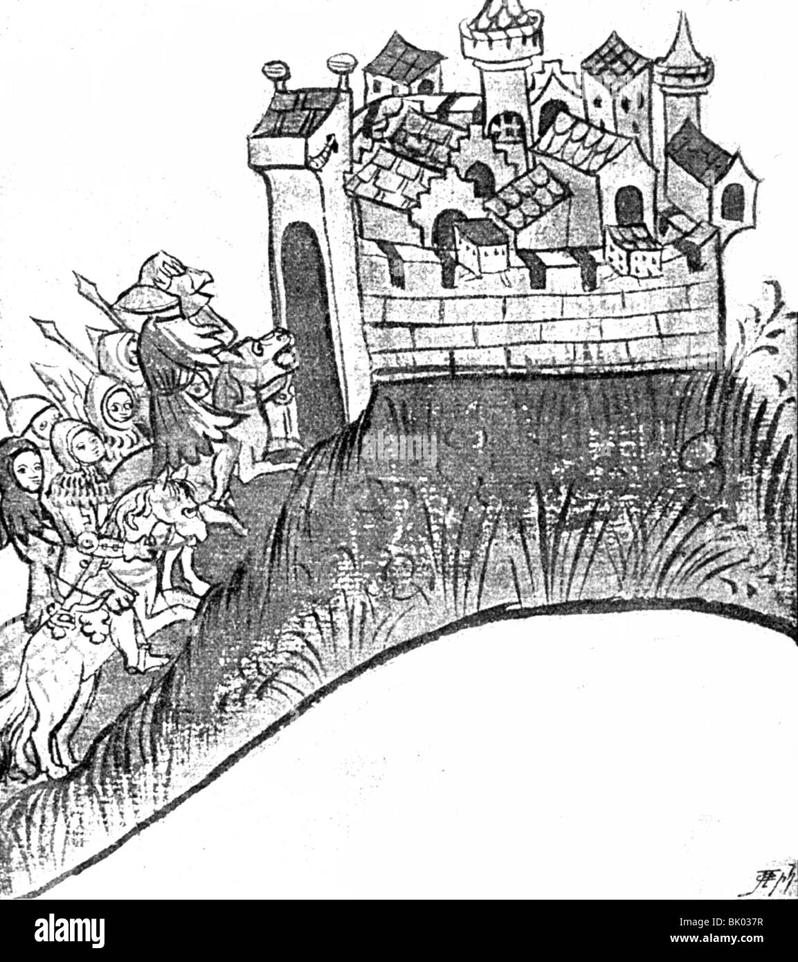 literature, middle ages, 'Rosengarten of Dietrich von Bern', the heros riding to Worms, after miniature, Heidelberg handwriting, upper German, circa 1420, library of Heidelberg university, Np. 359, sheet 1, Stock Photo