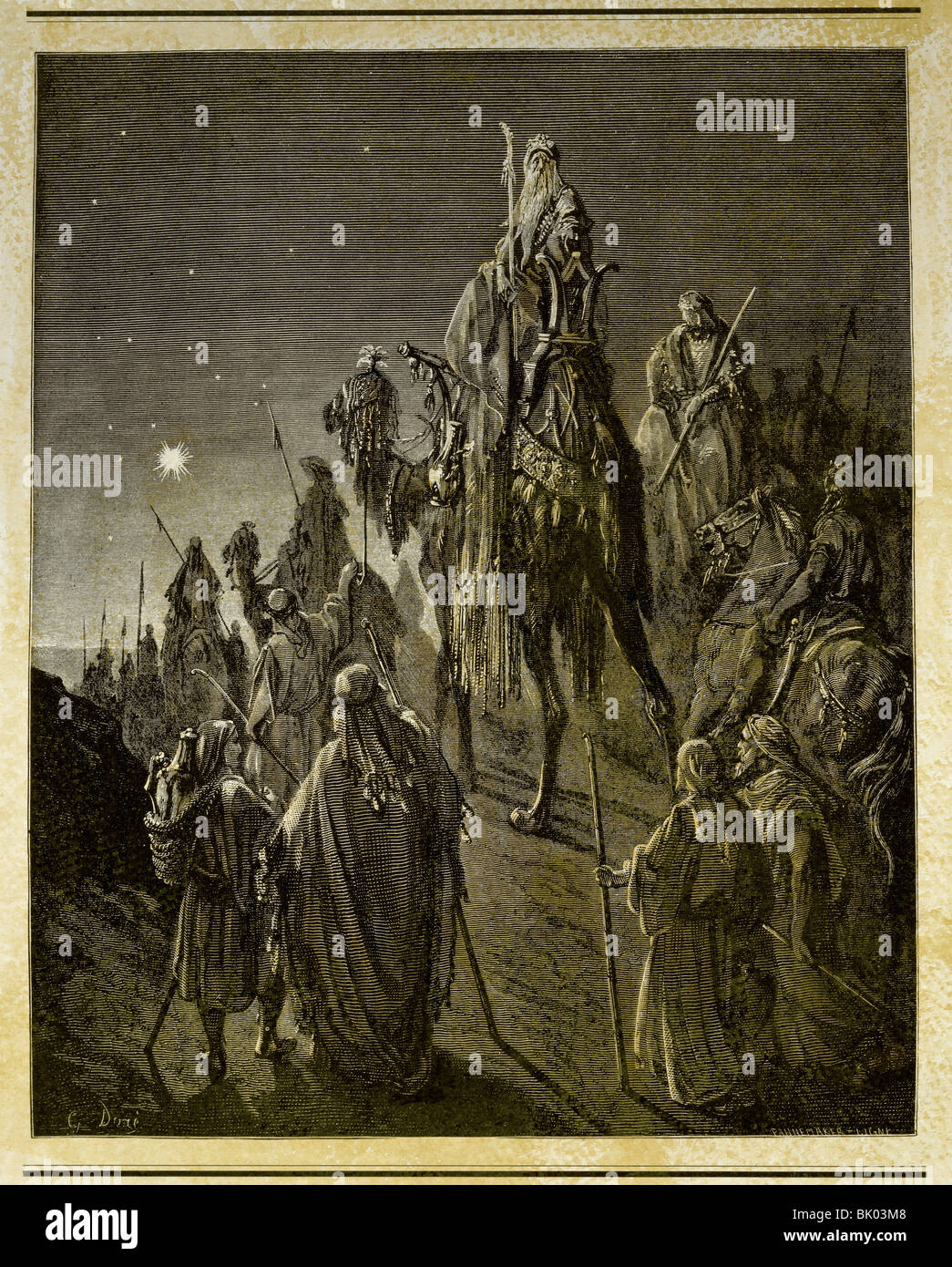 fine arts, Dore, Gustave (1832 - 1883), illustration, The Three Wise Men following the Star of Bethlehem, wood engraving, Paris, Stock Photo