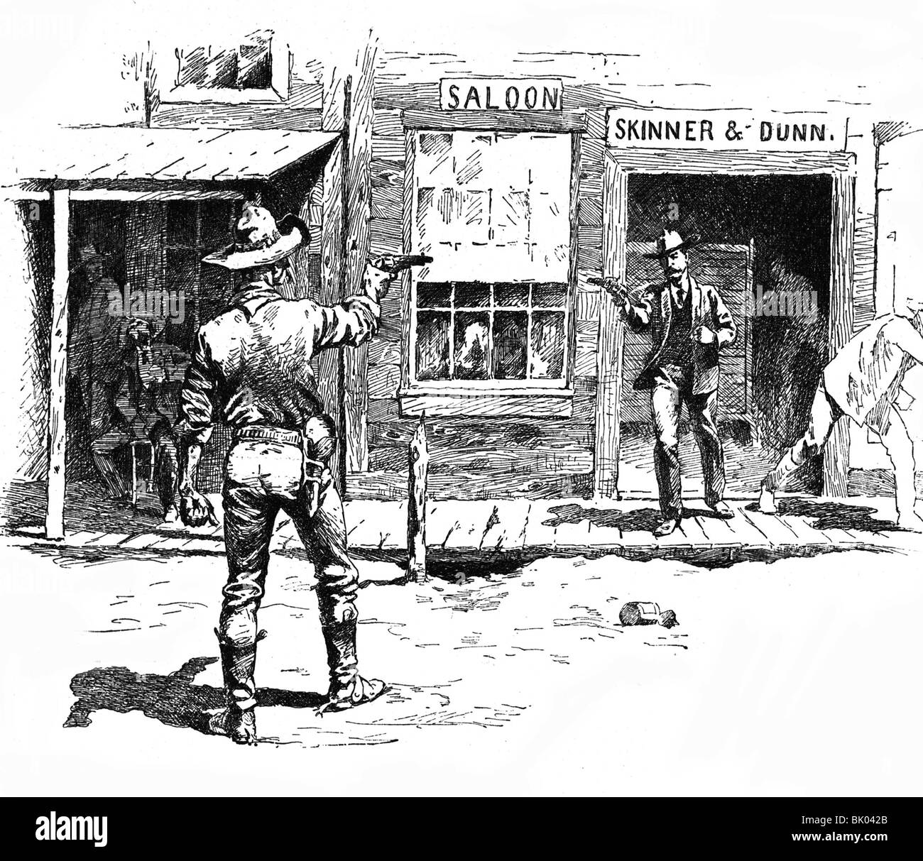 geography / travel, United States of America, people, cowboys, duell on street, wood engraving after painting by Frederick, 19th century, historic, historical, saloon, skinner, dunn, shoot-out, revolver, shoot, gunfight, gunfights, Wild West, fight, fighting, combat, pistol, weapon, gun, North America, Stock Photo