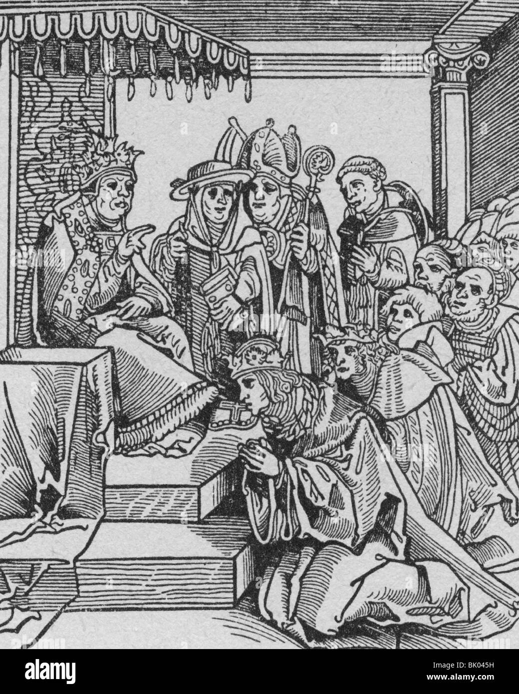 events, Protestant Reformation, cartoon, the pope as ruler of the word with the Holy Roman Emperor kissing his feet, woodcut by Lucas Cranach the Elder, circa 1545, Stock Photo