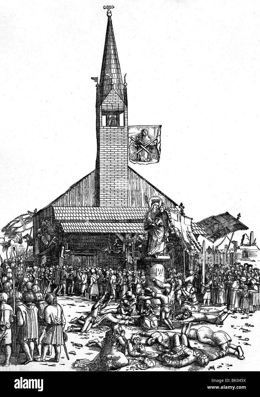 religion, Christianity, customs, pilgrimage, procession of pilgrims to the statue of Holy Mary in Regensburg, praying for help against the plague, woodcut by Michael Ostendorfer (circa 1494 - 1559), Middle Ages, flag, believers, epidemic, epidemics, pandemic disease, diseases, tower, historic, historical, church, medieval, people, Stock Photo