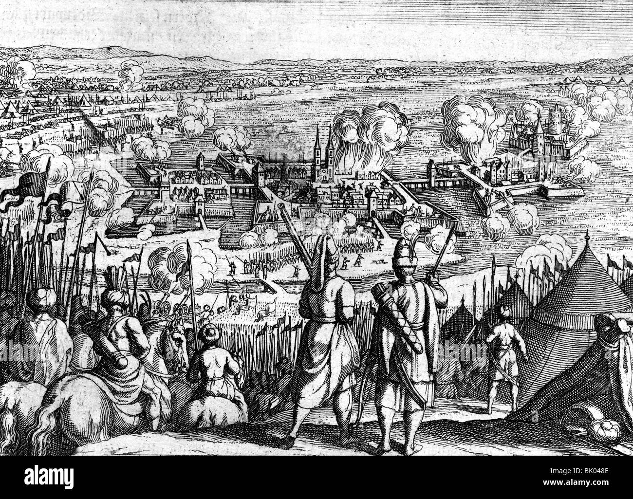 events, Ottoman-Habsburg Wars, Battle of Szigetvar, 1566, copper engraving by Matthaeus Merian, from 'Theatrum Europaeum', Artist's Copyright has not to be cleared Stock Photo
