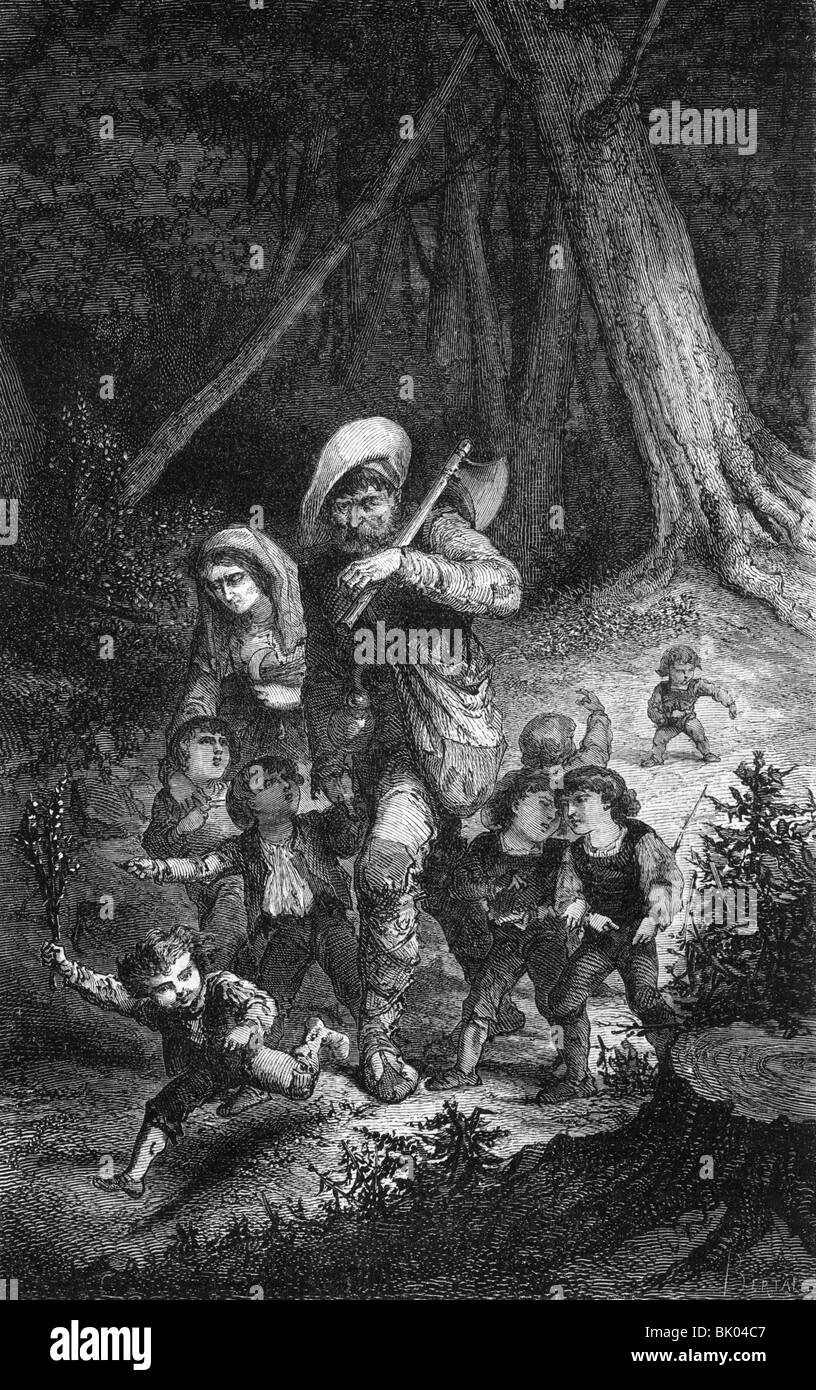 literature, fairy tale, Grimm's Fairy Tales, 'Tom thumb', children in the forest, wood engraving, Stock Photo