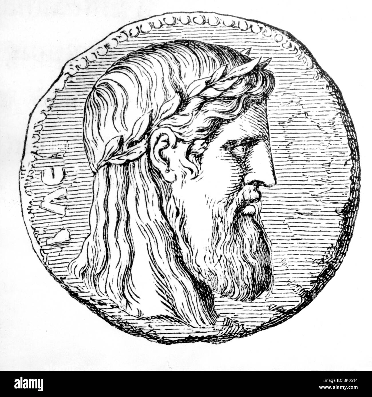 Zeus (Latin: Jupiter), Greek 'divine king', leader of gods, god of sky and thunder, portrait, wood engraving, 19th century, after silver coin, Stock Photo