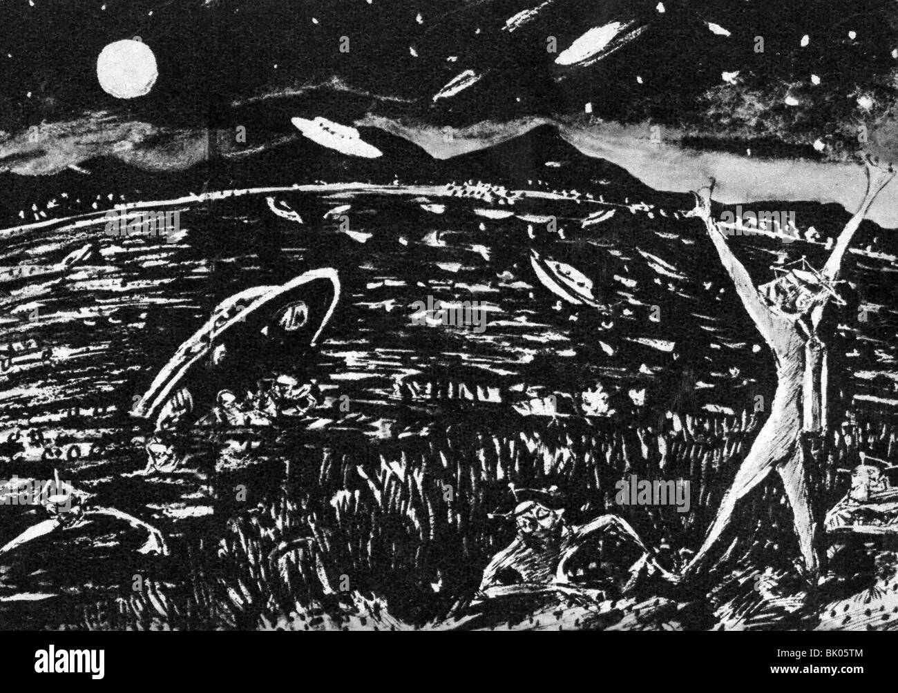 astronautics, unidentified flying object (UFO), Venus citizen landing in Japan, illustration by Takendo Suzuki, 20th century, historic, historical, man, men, people, figment of the imagination, figments of the imagination, imagination, mind, fantasy, fiction, alien, Stock Photo