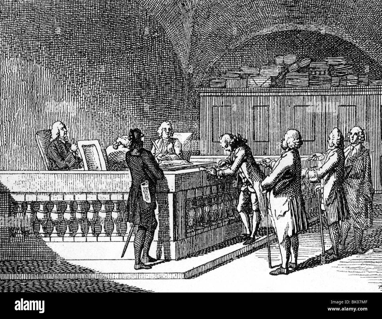 justice, court, conviction to mulct, copper engraving by Daniel