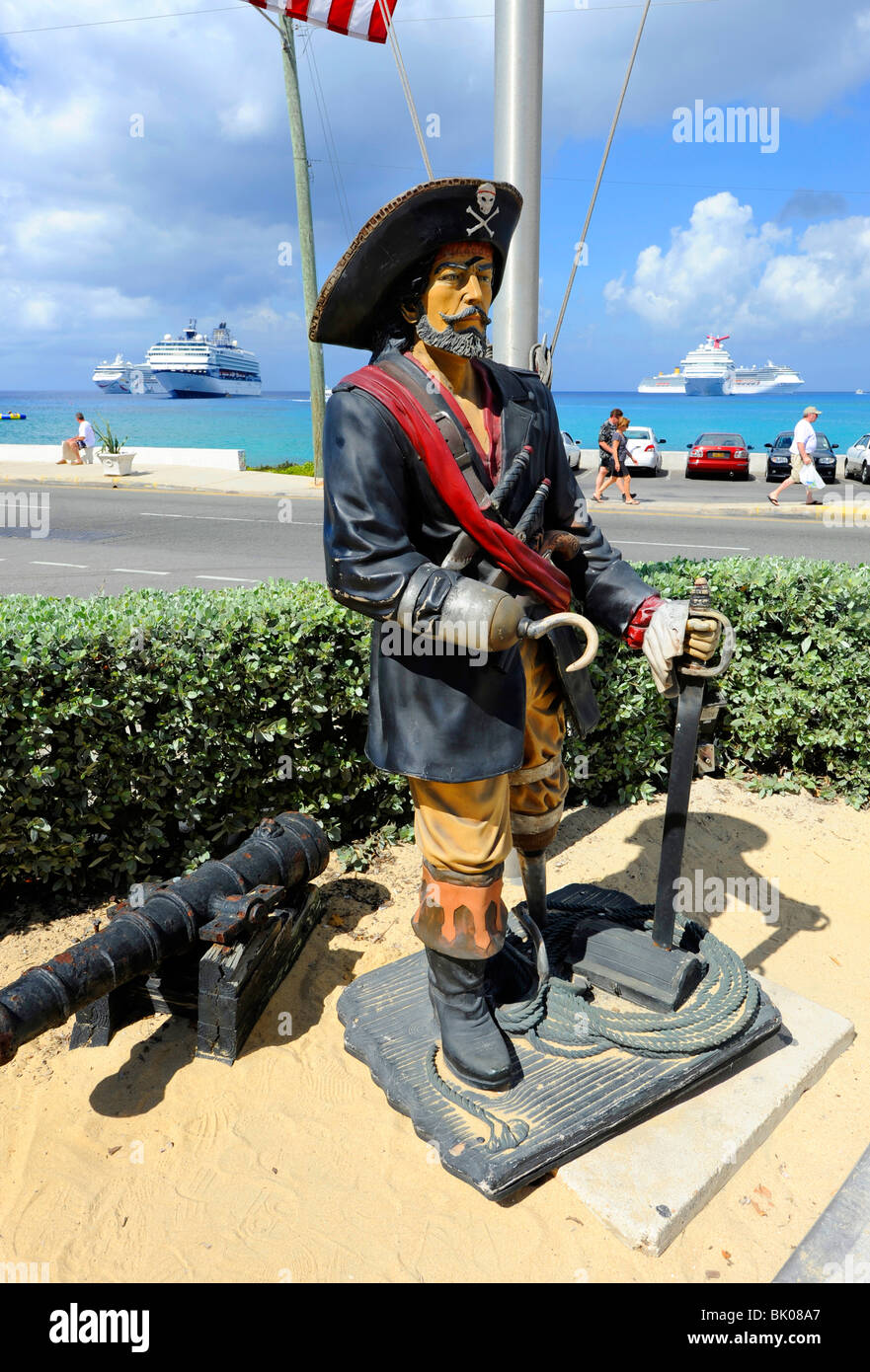 Pirate statue with flags at Tortuga Rum Cake Ship Grand Cayman Islands Caribbean