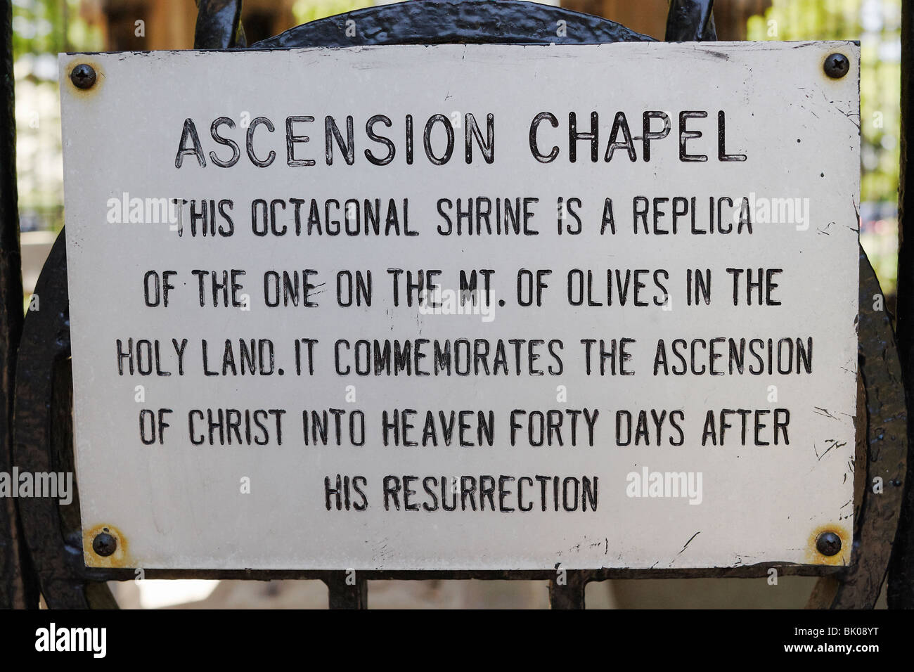 The sign on the Ascension Chapel at the Franciscan Monastery, Washington, DC. Stock Photo