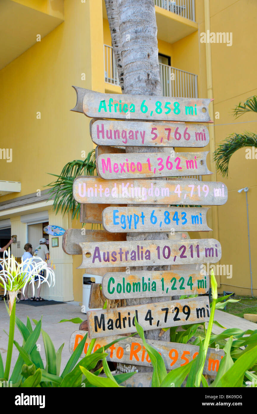 Sign marking distances from Grand Cayman Islands Caribbean