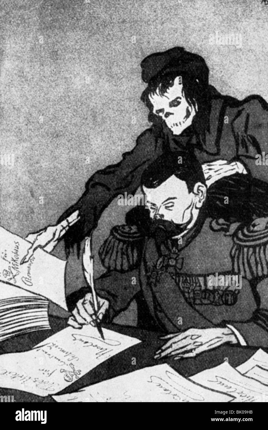 Nicholas II Alexandrovich, 6.5.1868 - 16.7.1918, Emperor of Russia 21.10.1894 - 2.3.1917, caricature, 'Nicholas II signing death sentences', drawing, 'Sueddeutscher Postillion', Germany, 1905, , Stock Photo