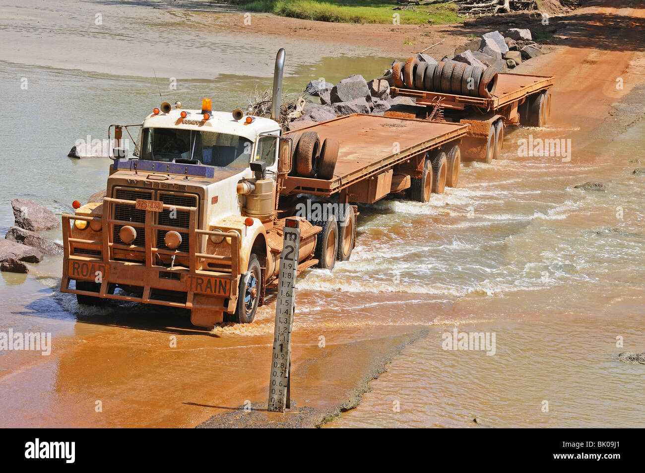 Road train fording East Alligator River Crossing (Cahills Crossing