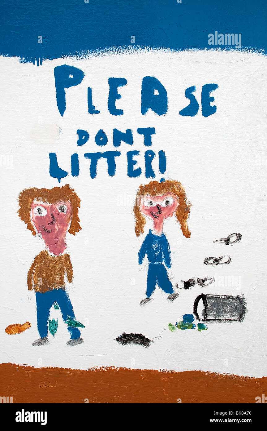 Childs painting - Please dont litter Stock Photo