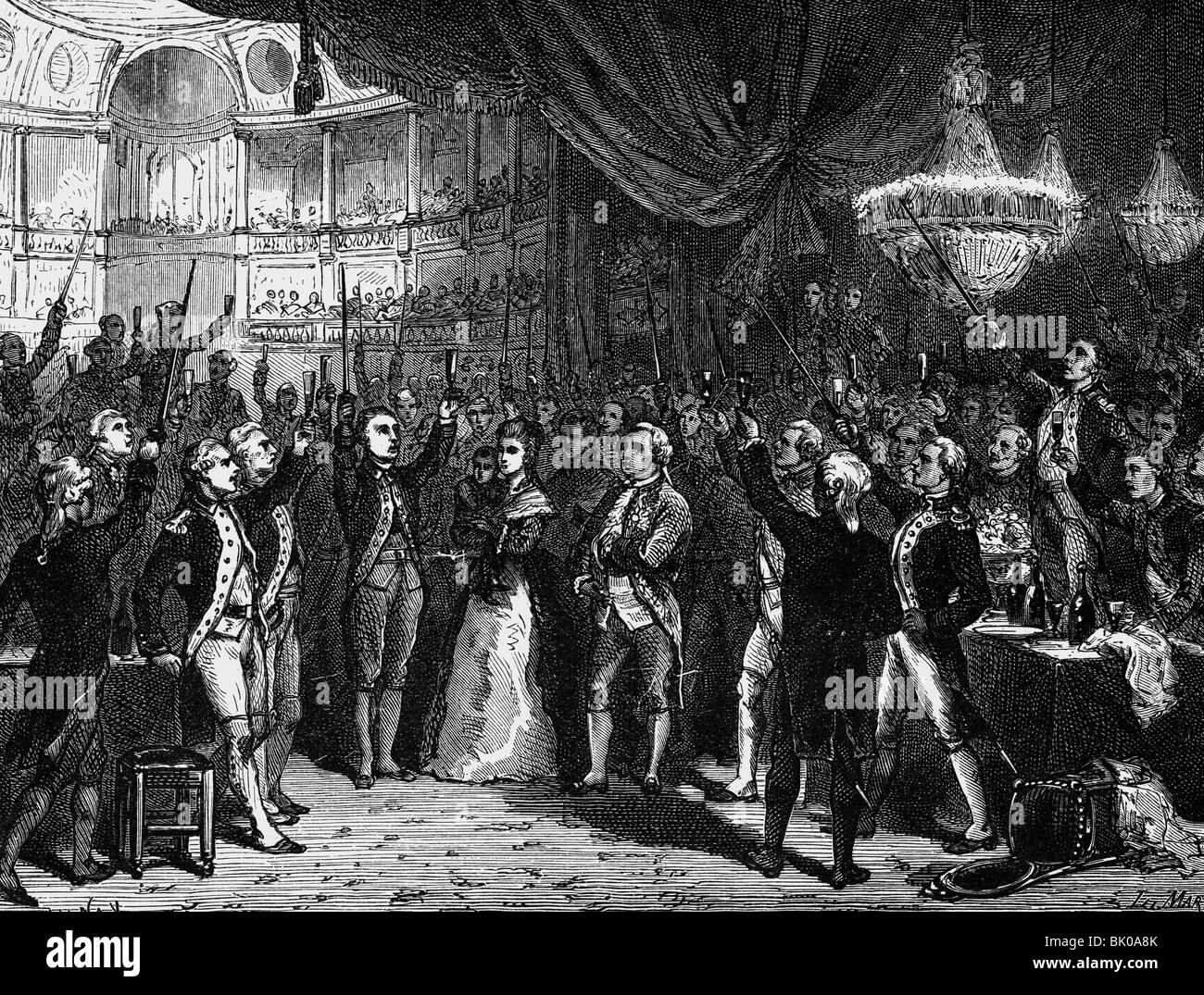 geography / travel, France, French Revolution 1789 - 1799, banquet of the Life Guards, Versailles, 1.10.1789, wood engraving, 19th century, King Louis XVI, Queen Marie Antoinette, officers, guard, military, 18th century, historic, historical, people, Stock Photo
