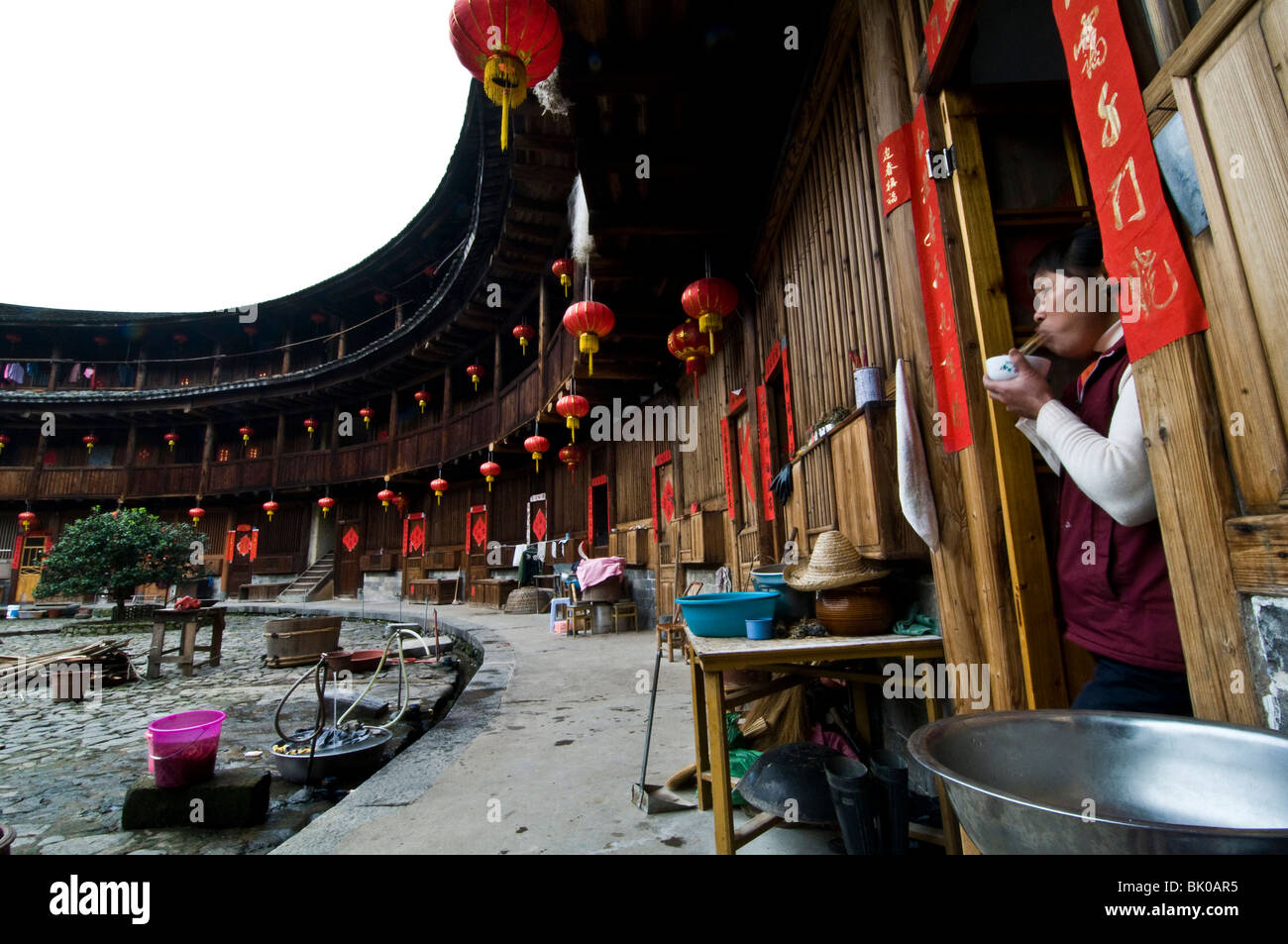 A view from inside a tulou . The Tulou are gigantic residential buildings  built by the Hakka people in Fujian. Stock Photo