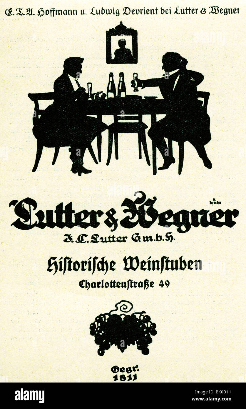 Hoffmann, E. T. A., 24.1.1776 - 25.6.1822, German author / writer, drinking wine with Ludwig Devrient, advertising of the inn Lutter und Wegner, Berlin, late 19th century, Stock Photo