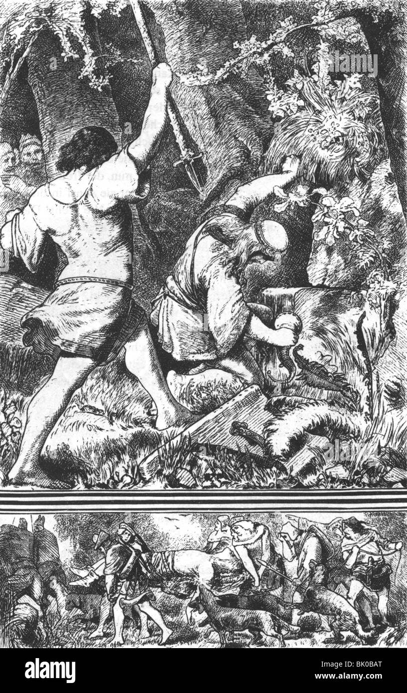 literature, legends, The Nibelung legend, Siegfried's death, Siegfried is killed by Hagen of Tronie, wood engraving, 19th century, historic, historical, Nibelungen, Nibelungs, Germanic, Teuton, the Germanic people, Teutons, hero, heroes, murderer, myth, mythology, Tronje, murderer, murder, Stock Photo