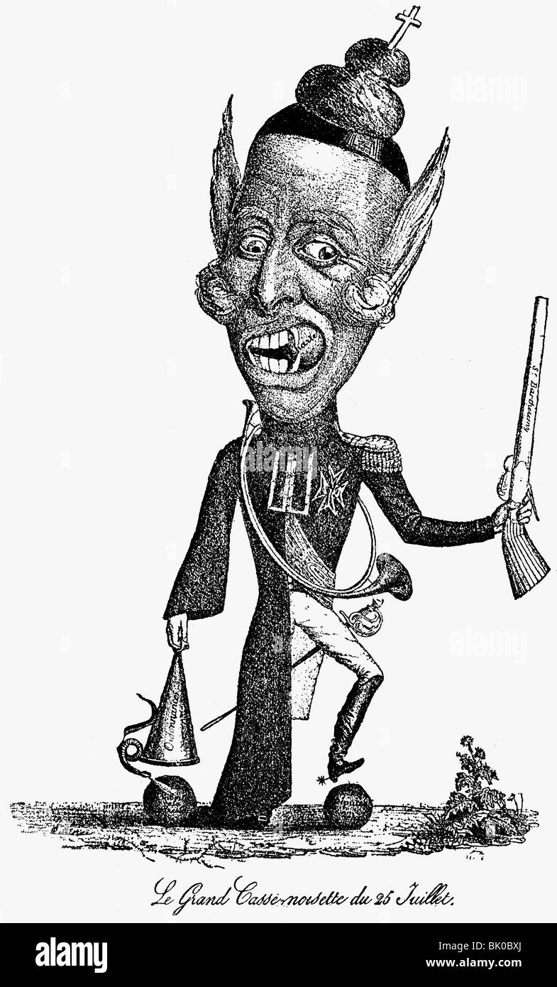 Charles X Philip, 9.10.1757 - 6.11.1836, King of France 16.9.1824 - 2.8.1830, caricature, 'The great Nutcracker of 25th July',  drawing, 1830,  , Stock Photo