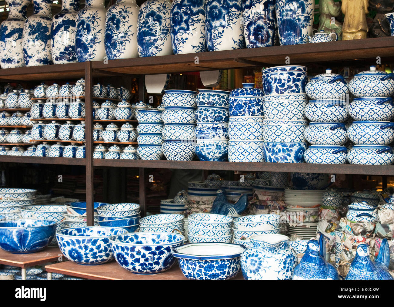 Thai made blue and white ceramic pottery for sale at Chatuchak Weekend