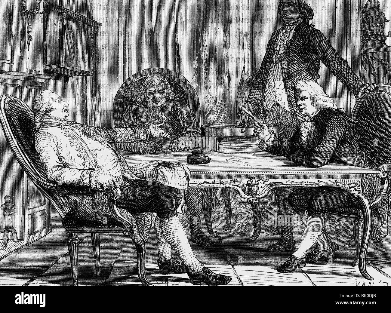 Louis XVI, 23.8.1754 - 21.1.1793, King of France 10.5.1774 - 21.9.1792, trial, with his defendants, wood engraving, 19th century, , Stock Photo