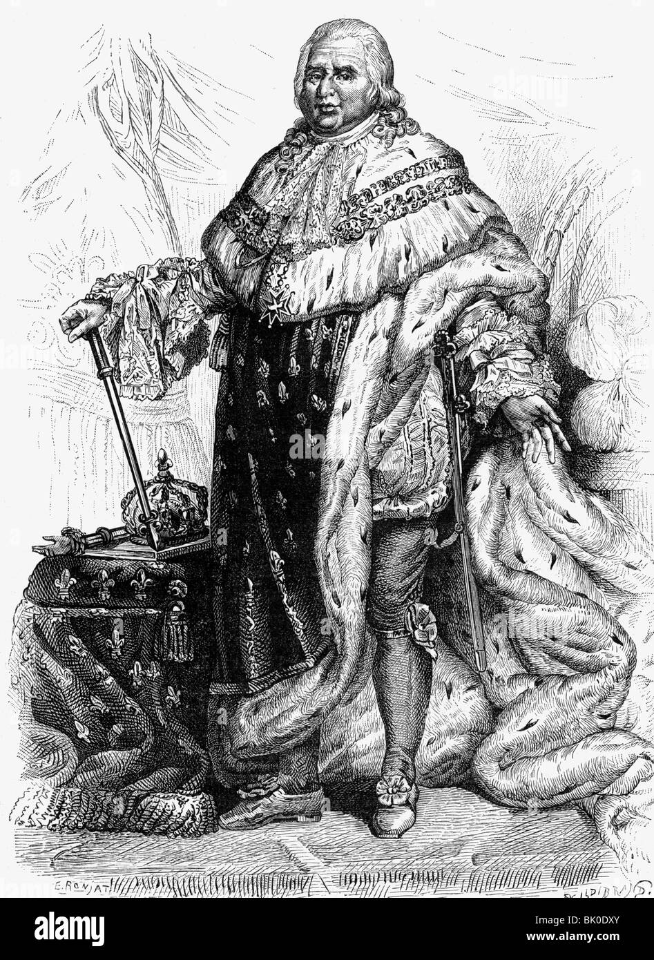 Louis XVIII, 17.11.1755 - 16.9.1824, King of France 2.4.1814 - 16.9.1824, full length in coronation regalia, wood engraving after painting by Guerin, 1815, , Artist's Copyright has not to be cleared Stock Photo