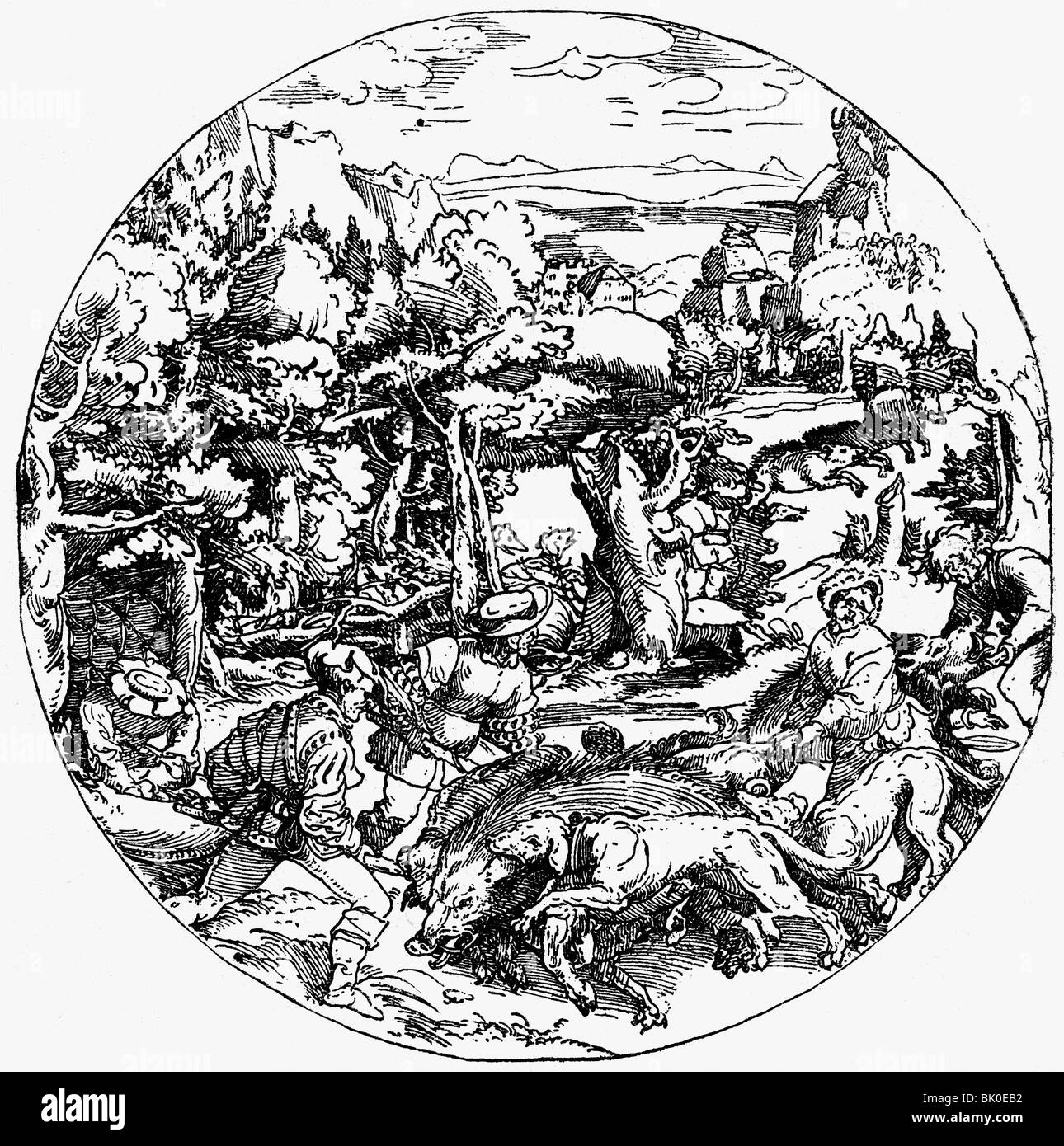 hunting, wild boar hunting, woodcut by Hans Burgkmair the Elder, early 16th century, hunter, nobility, nobleman, hounds, pack, forest, Germany, historic, historical, people, Stock Photo