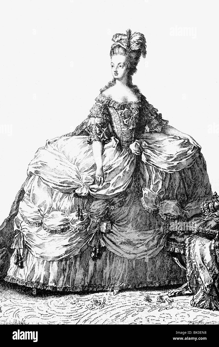 Marie Antoinette, 2.11.1755 - 16.10.1793, Queen consort of France 10.5.1774 - 21.9.1792, full length, copper engraving, late 18th century, , Artist's Copyright has not to be cleared Stock Photo