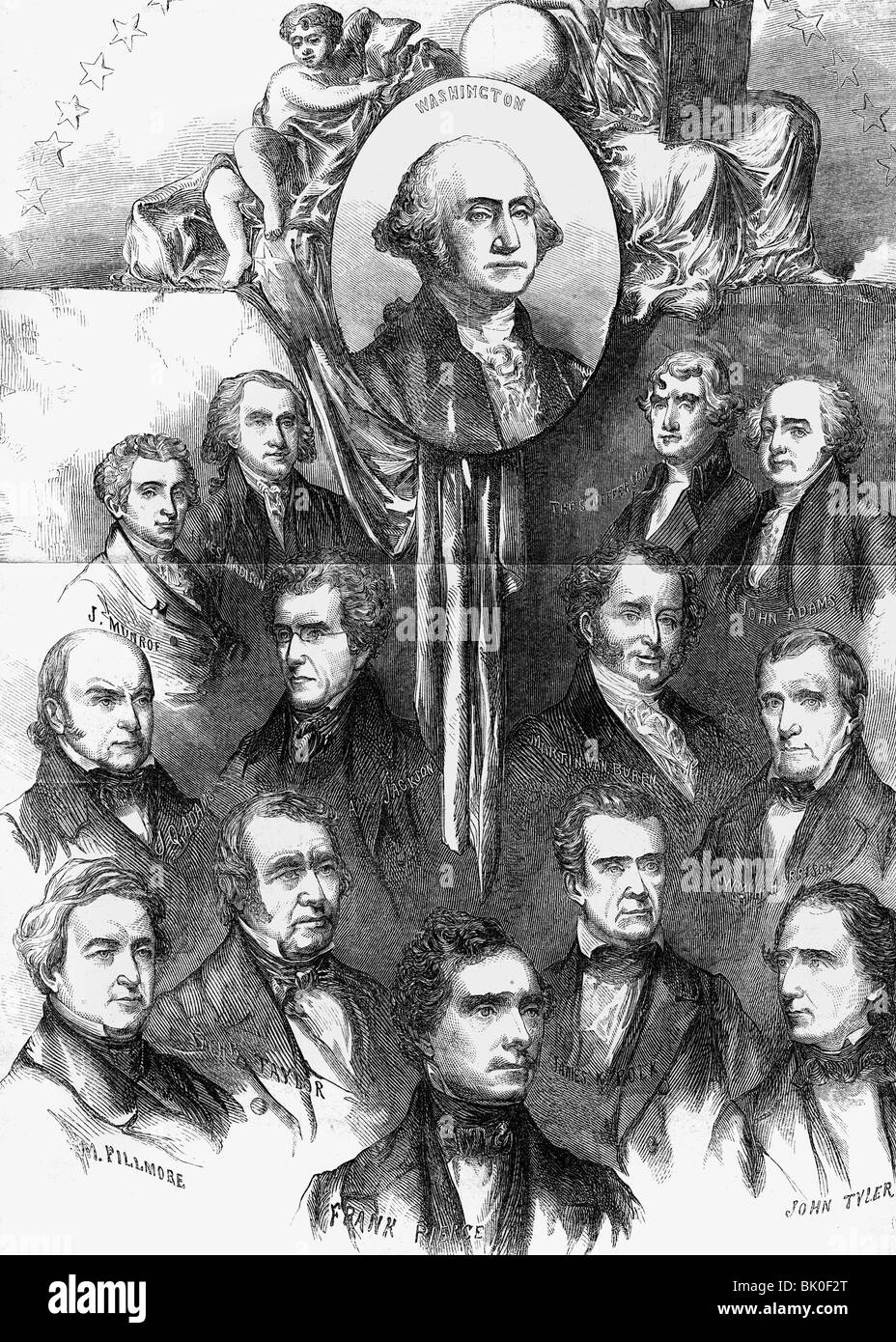 geography / travel, USA, politics, President 1789 - 1857, wood engraving by Pierson, circa 1855, George Washington, John Adams, Thomas Jefferson, James Madison, James Monroe, John Quincy Adams, Andrew Jackson, Martin Van Buren, William Henry Harrison, John Tyler, James K. Polk, Zachary Taylor, Millard Fillmore, Franklin Pierce, politicians, president, 19th century, historic, historical, people, Stock Photo