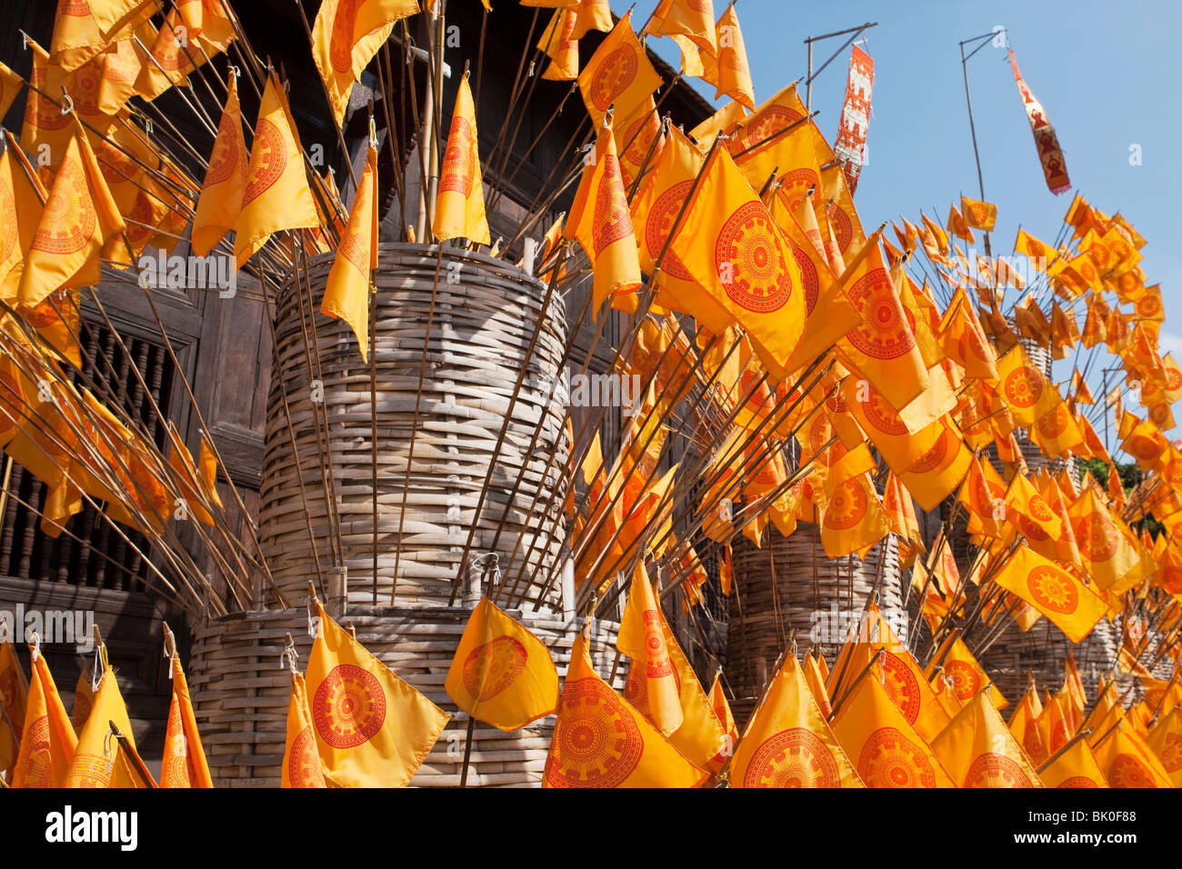 Decorative Orange Flags Outside Temple Wat Phan Tao Chiang
