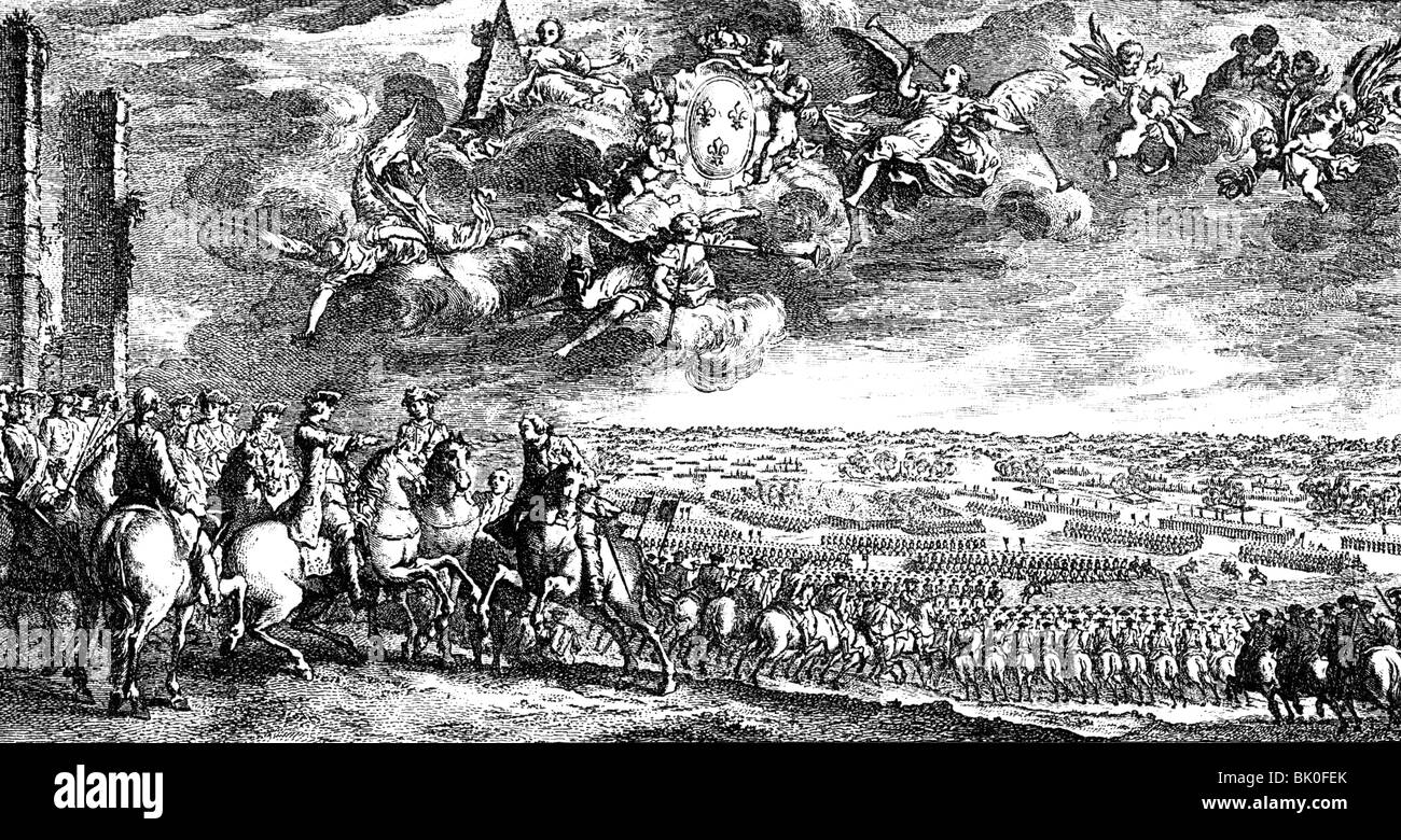 War of the Austrian Succession 1740 - 1748, Battle of Fontenoy, 11.5.1745, contemporary copper engraving, French, France, Maurice de Saxe, Belgium, Pragmatic Army, Austria, Great Britain, Netherlands, Hanover, coat of arms, 18th century, historic, historical, people, Artist's Copyright has not to be cleared Stock Photo
