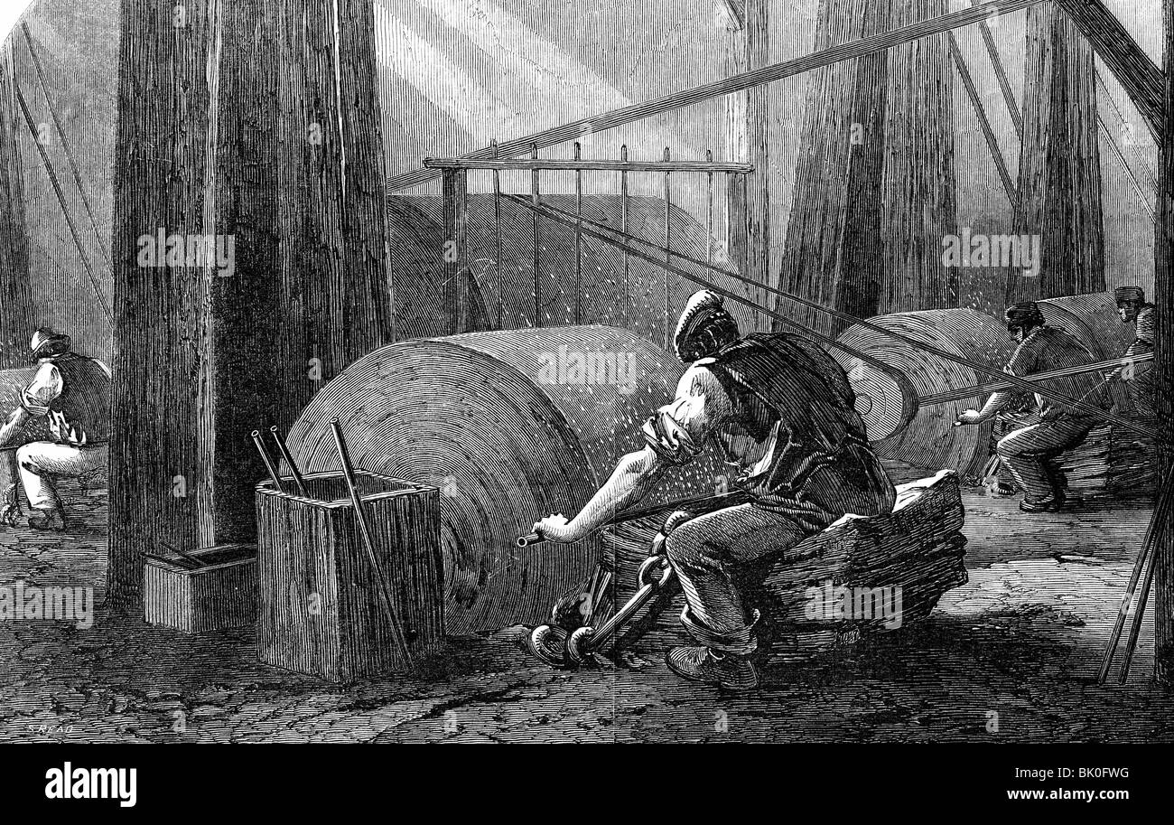 industry, metal, grinding of gun barrels, Birmingham, England, wood engraving, 1851, Stock Photo