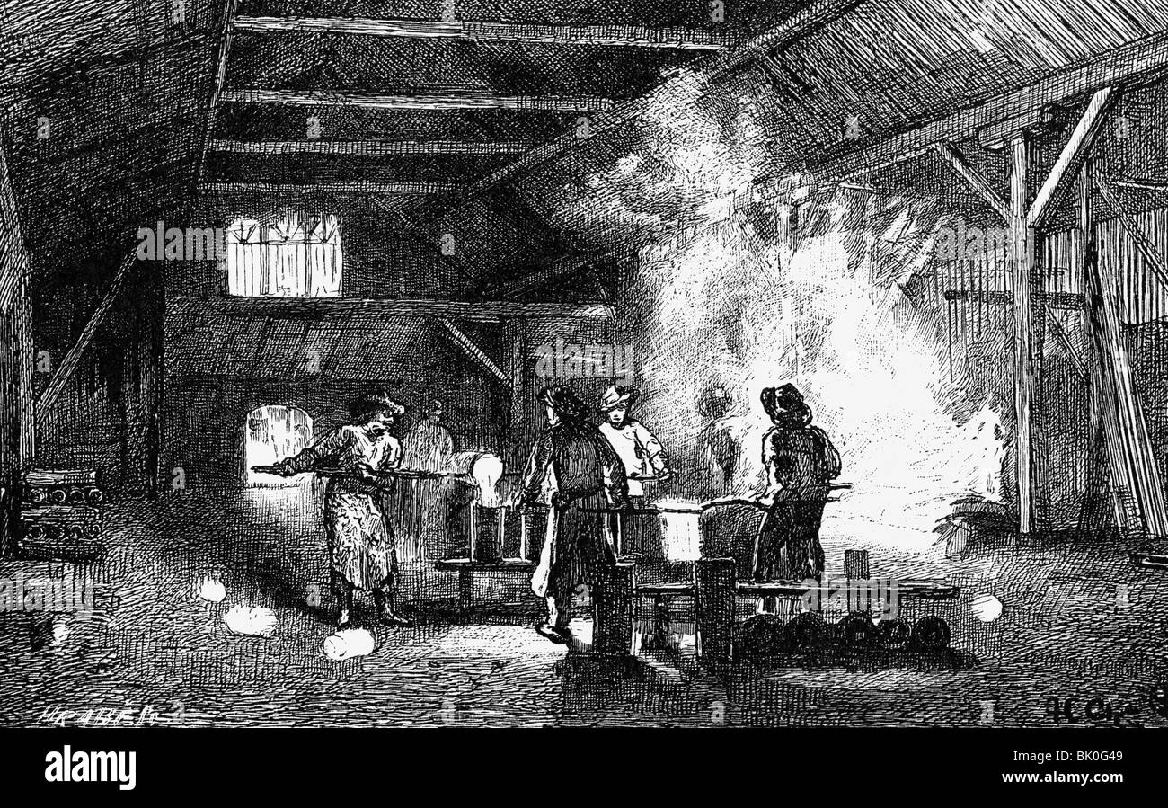 industry, metal, steel, pouring melted steel into casts, steel works in Kapfenberg, Styria, Austria, wood engraving, 19th century, cast steel, people, professions, worker, historic, historical, Stock Photo