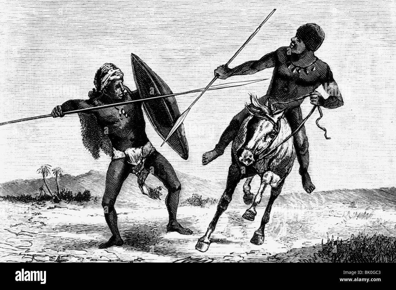 geography / travel, Chad, people, two fighting Baguirmi warriors, wood engraving, circa 1860, Stock Photo