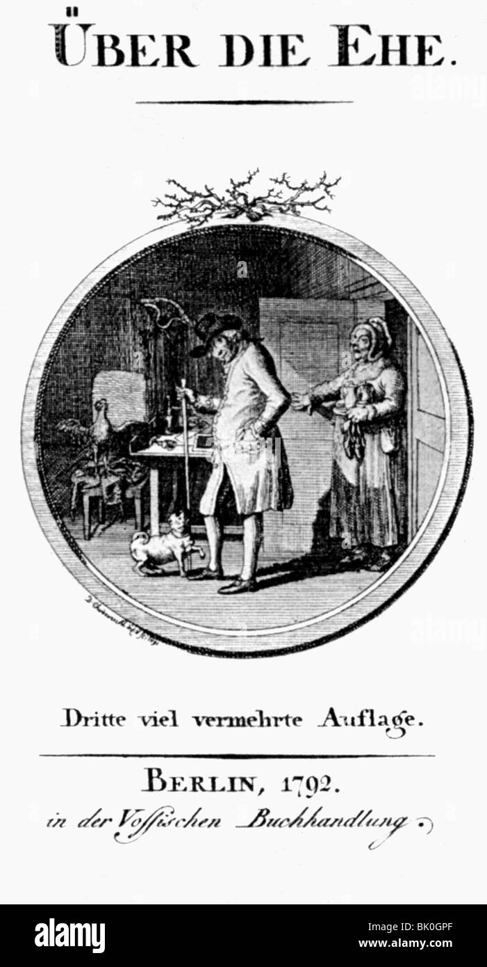 Hippel, Theodor Gottlieb, the Elder, 31.1. 1741 - 23.4.1796, German author / writer, works, 'About Matrimony' ('Ueber die Ehe'), 1774, title, 3rd edition, Berlin, 1792,   , Stock Photo