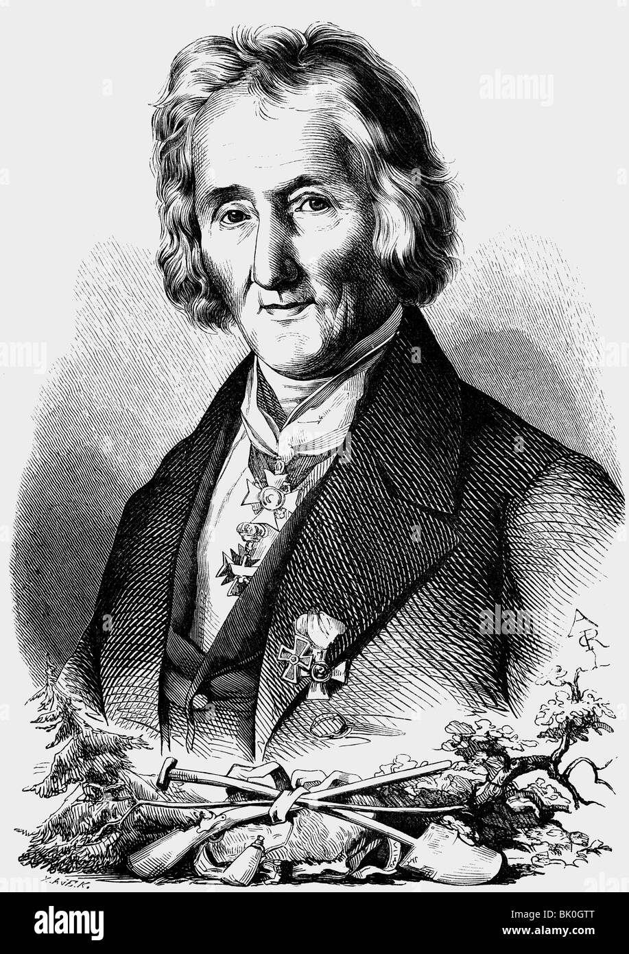 Cotta, Johann Heinrich, 30.10.1763 - 25.10.1844, German silviculturist, portrait, wood engraving, 1853, , Stock Photo