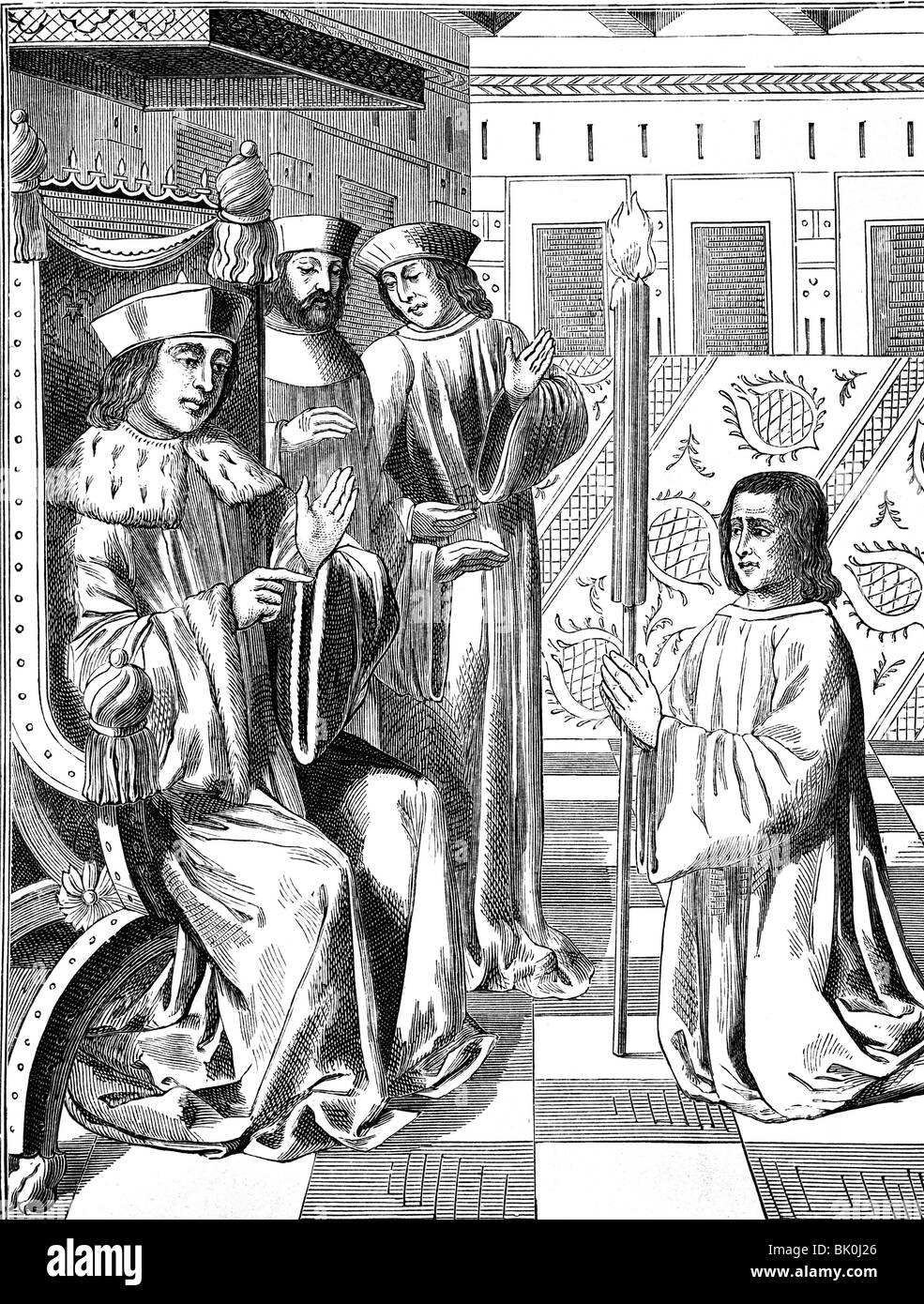 Coeur, Jacques, 1395 - 25.11.1456, French merchant, as penitent before the parliament of Poitiers, 1451, miniature from the Chronicles of Enguerrand de Monstrelet, circa 1455, wood engraving, 19th century, , Stock Photo