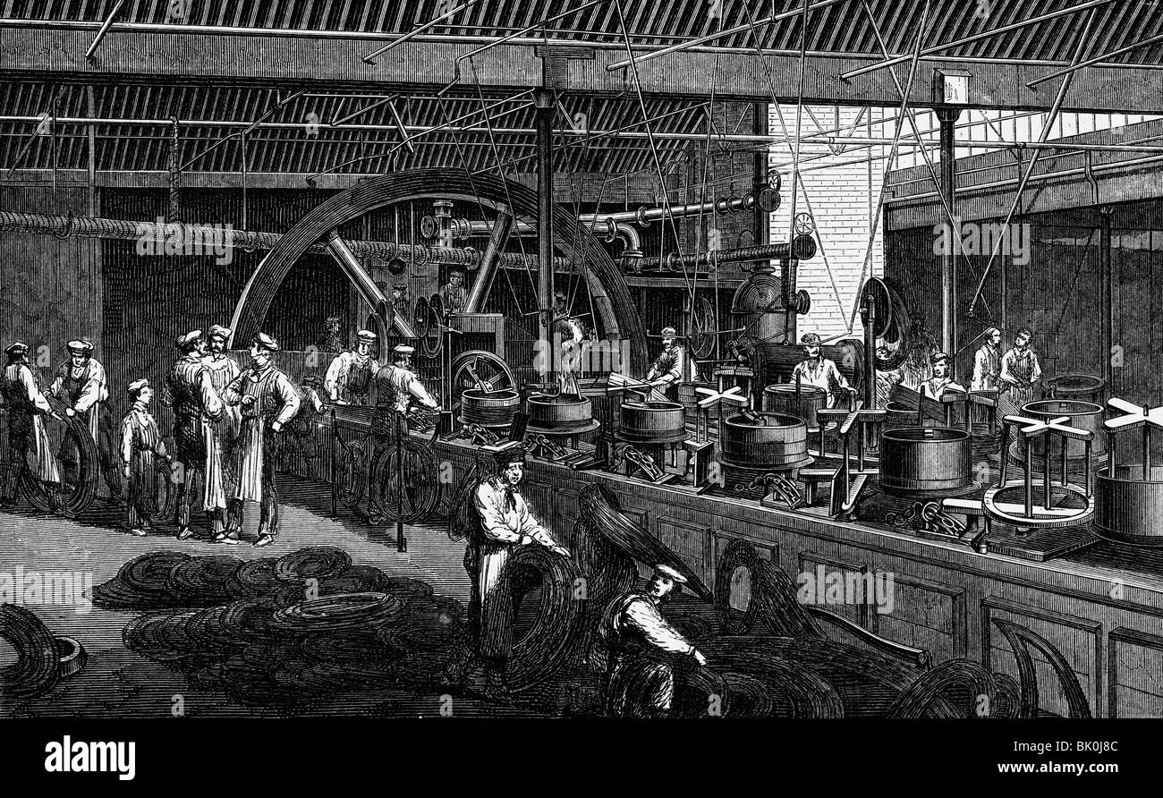 industry, metal, steel, steel wire mill of Webster and Horsfall, Birmingham, England, interior view, production of a transatlantic cable, wood engraving, 'Buch der Erfindungen', published by Otto Spamer, Leipzig, 1872,  , Stock Photo