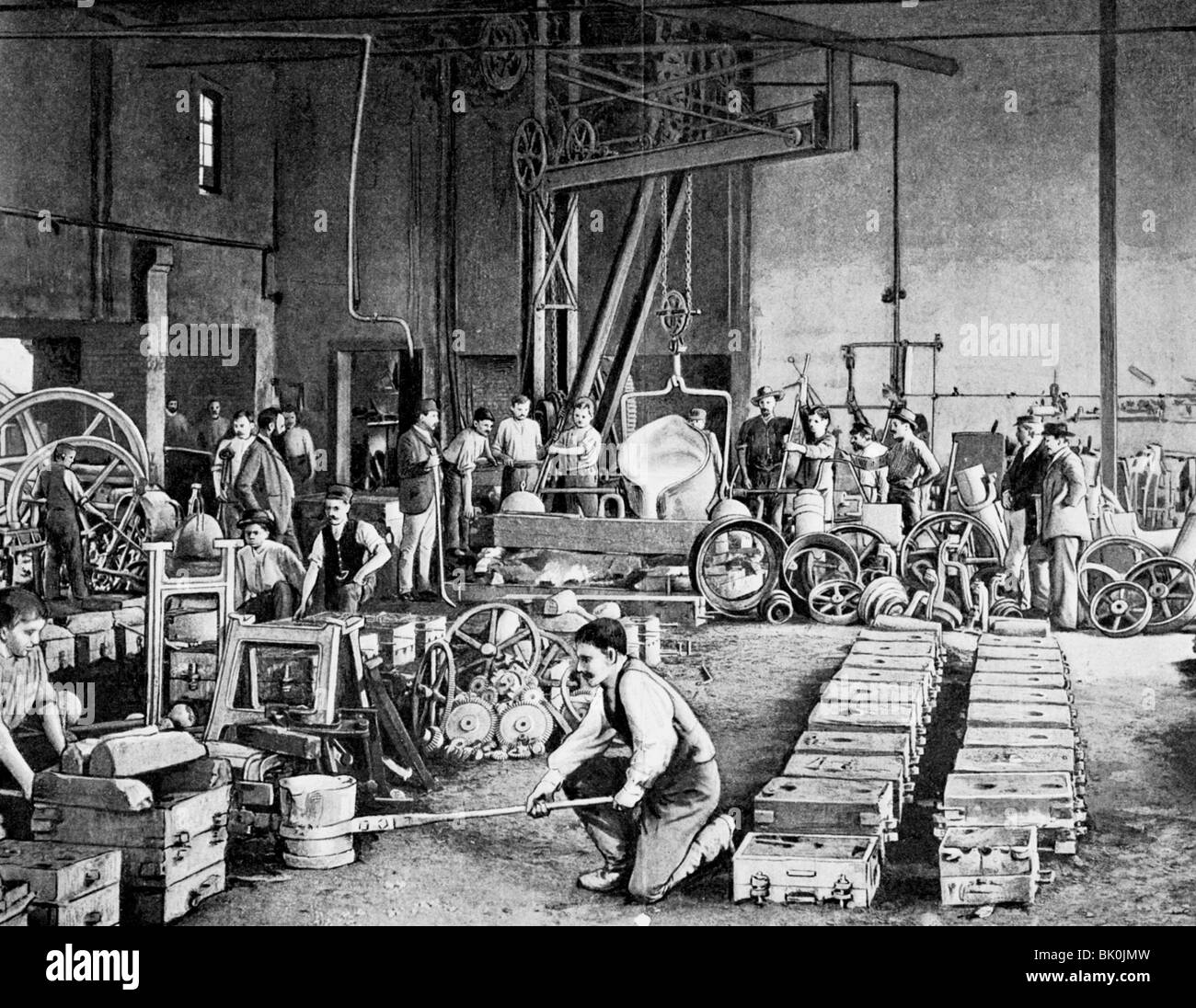 industry, Mechanical engineering, iron casting works, Molitor und Co., Heidelberg, drawing, 2nd half 19th century, metal, cast, technics, machines, people, worker, labour, Germany, Kingdom of Bavaria, Palatinate, historic, historical, Stock Photo