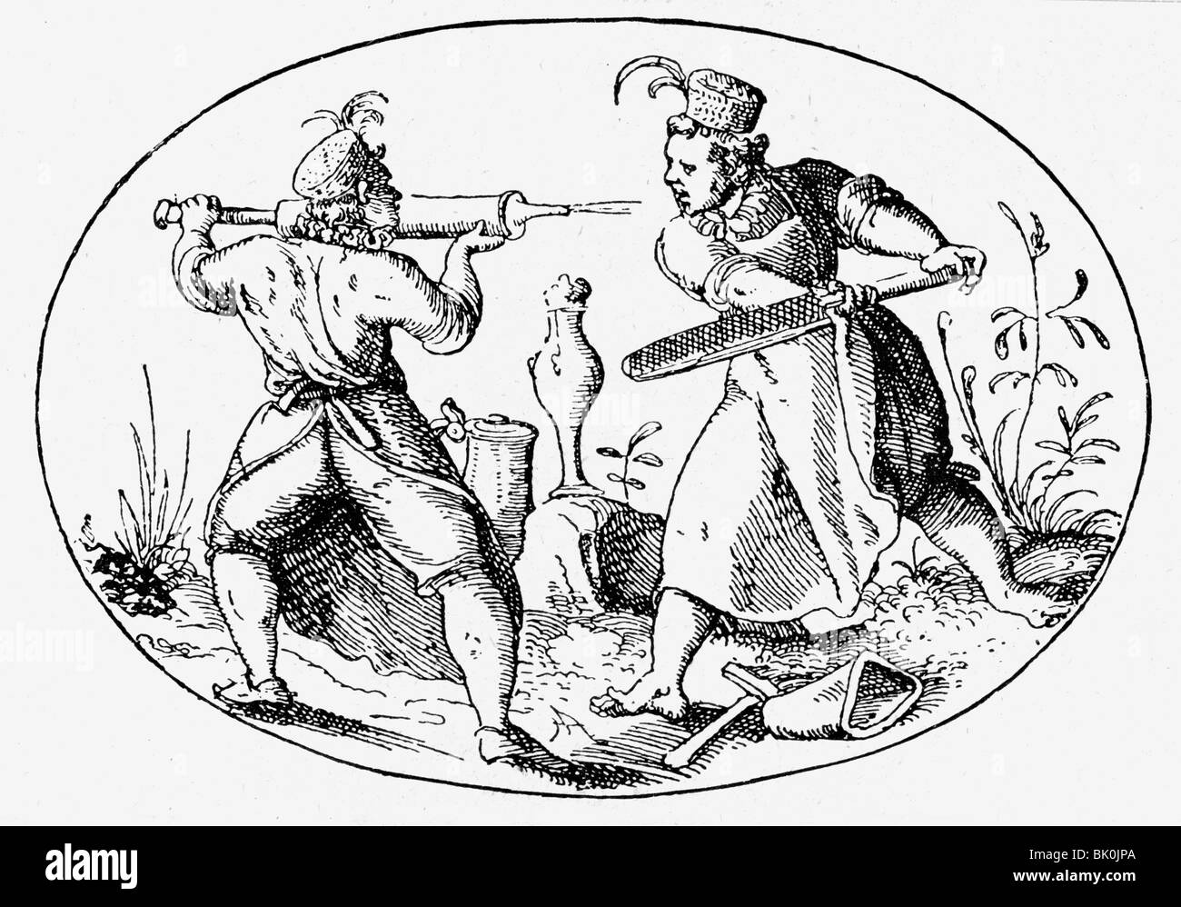 handcraft, craftsmen, caricature, dispute of rank between a whitesmith fellow and a filemaker fellow, woodcut, 16th century, craftsman, people, professions, smith, quarrel, fellows, file, syringe, historic, historical, Stock Photo