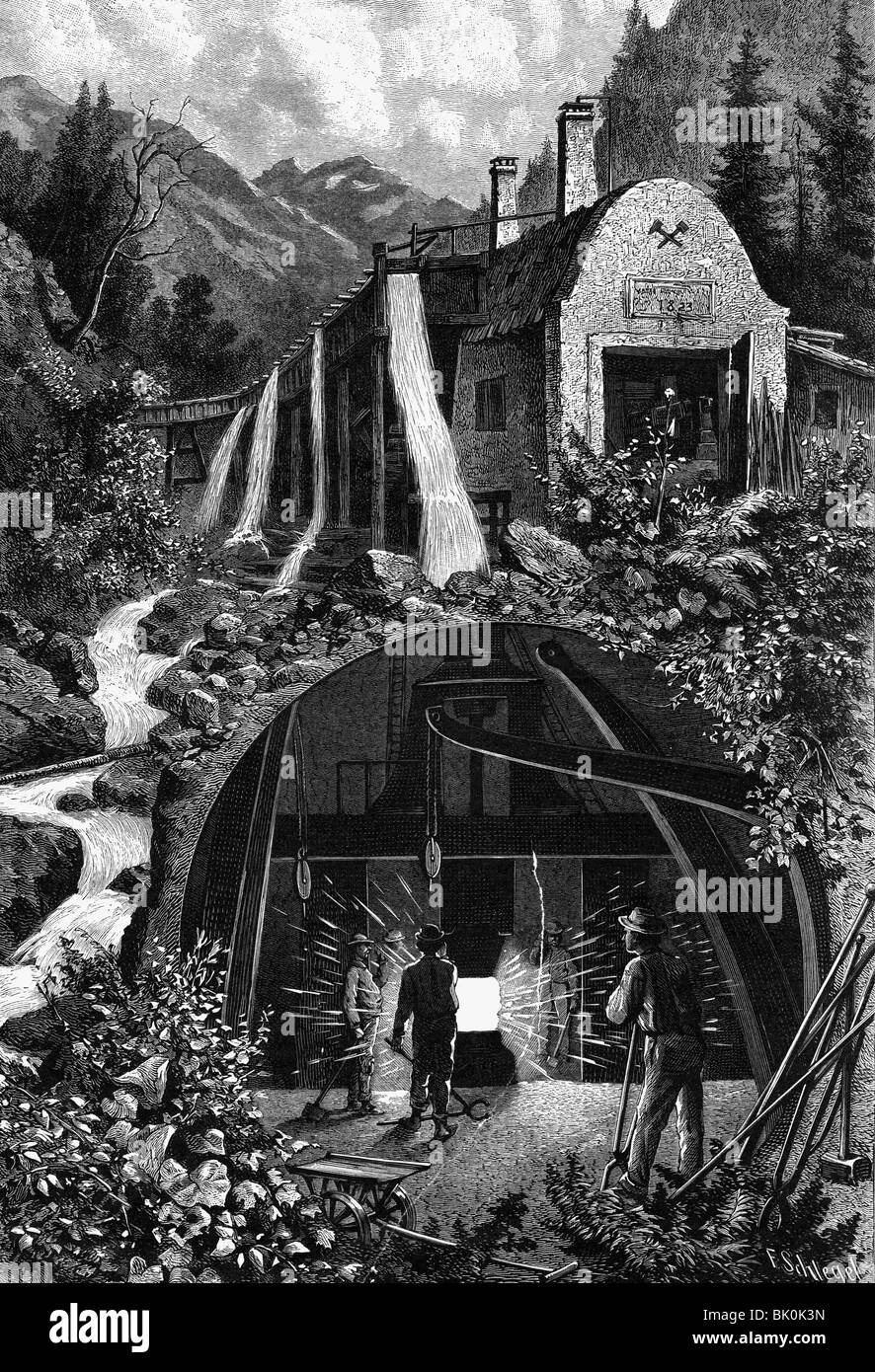 industry, metal, iron, Styrian iron hammer, wood engraving, 1885, Stock Photo