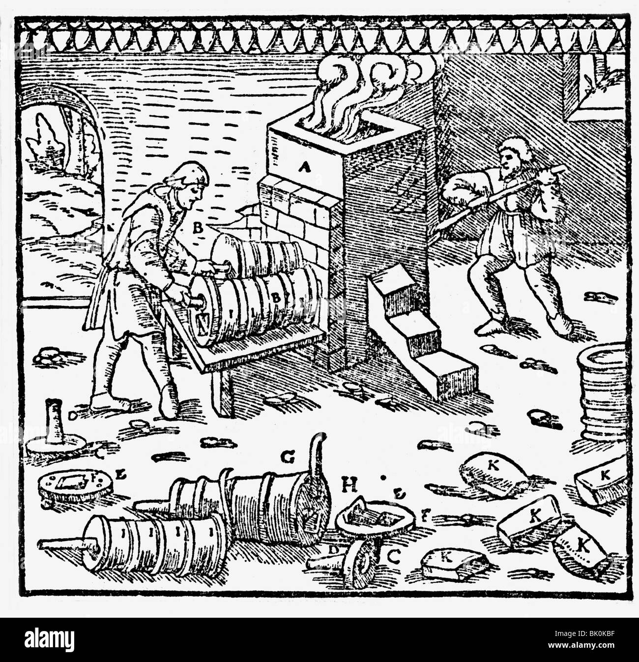 industry, metal, tin, smelting furnace, woodcut, 'De re metallica' by Georgius Agricola, Basel, 1556, , Stock Photo
